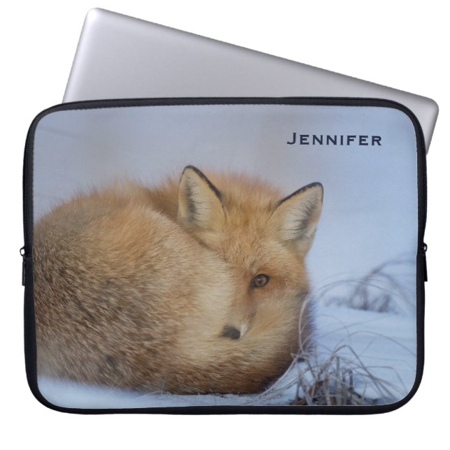 Cute Little Fox Curled Up Winter Photo Laptop Sleeve (Front)