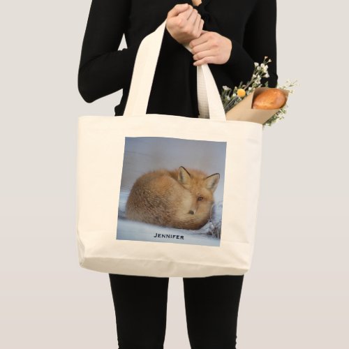 Cute Little Fox Curled Up Winter Photo Large Tote Bag