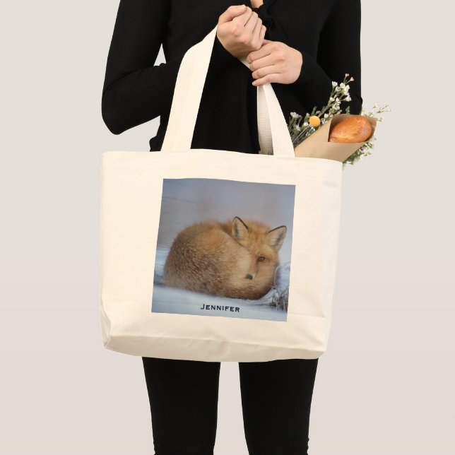 Cute Little Fox Curled Up Winter Photo Large Tote Bag (Front (Product))