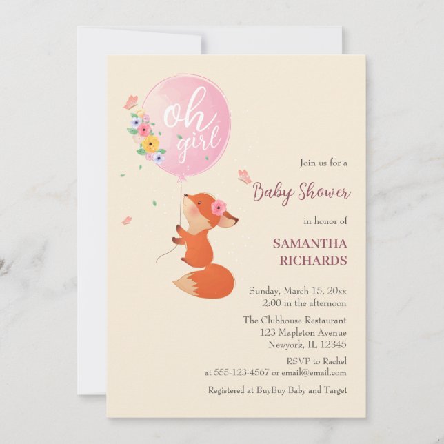 Cute little fox  flying with balloon invitation (Front)