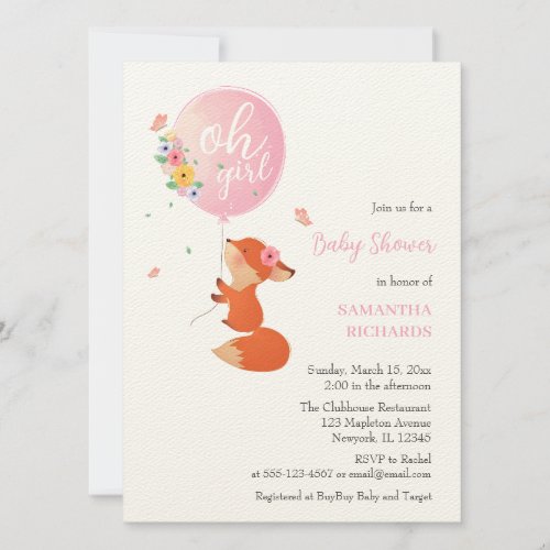 Cute little fox  flying with balloon invitation