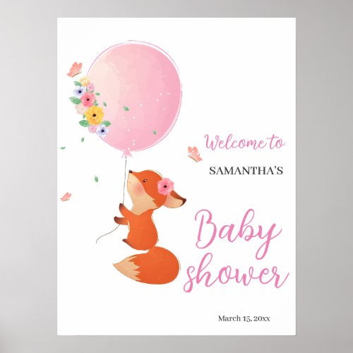 Cute little fox flying with balloon welcome poster