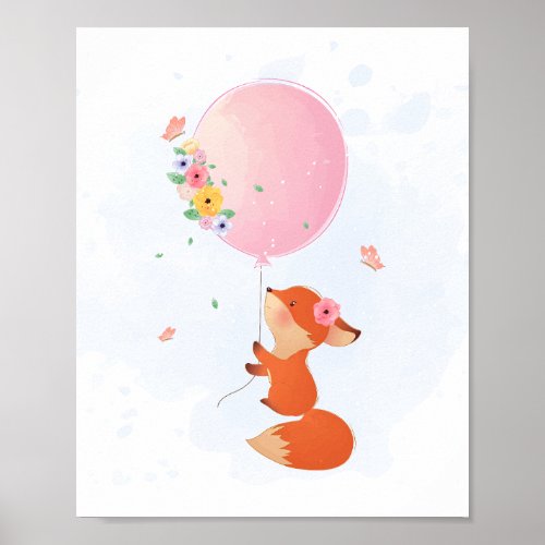 Cute little fox flying with pink balloon poster