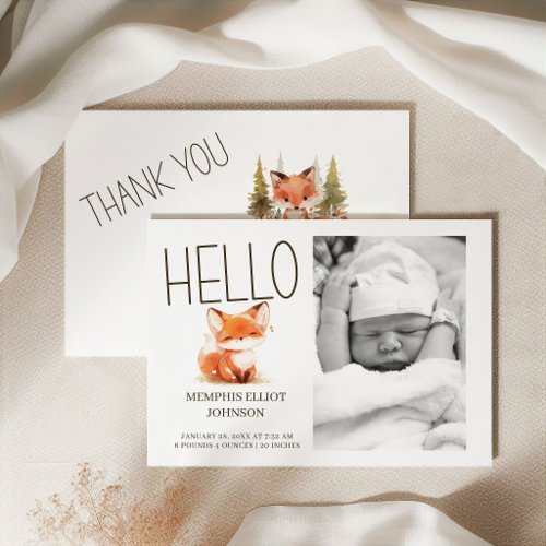 Cute Little Fox Hello Baby Photo Announcement
