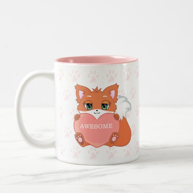 Cute Little Fox Holding a Heart & Paw Pattern Two-Tone Coffee Mug (Left)