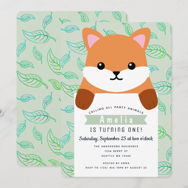 Cute Little Fox Kids First Birthday Invitation (Front/Back)