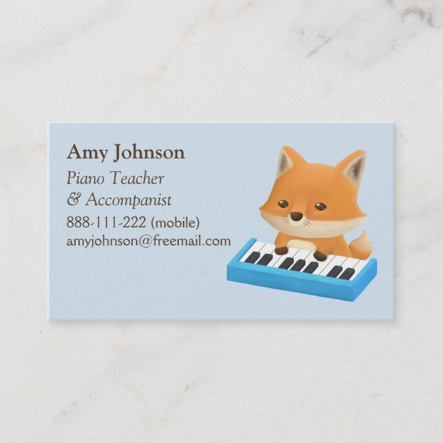 Cute Little Fox Kids Piano Teacher Business Cards (Front)