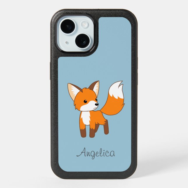 Cute Little Fox on Blue iPhone 15 Case (Back)