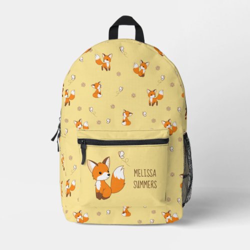Cute Little Fox on Yellow Custom Name Printed Backpack