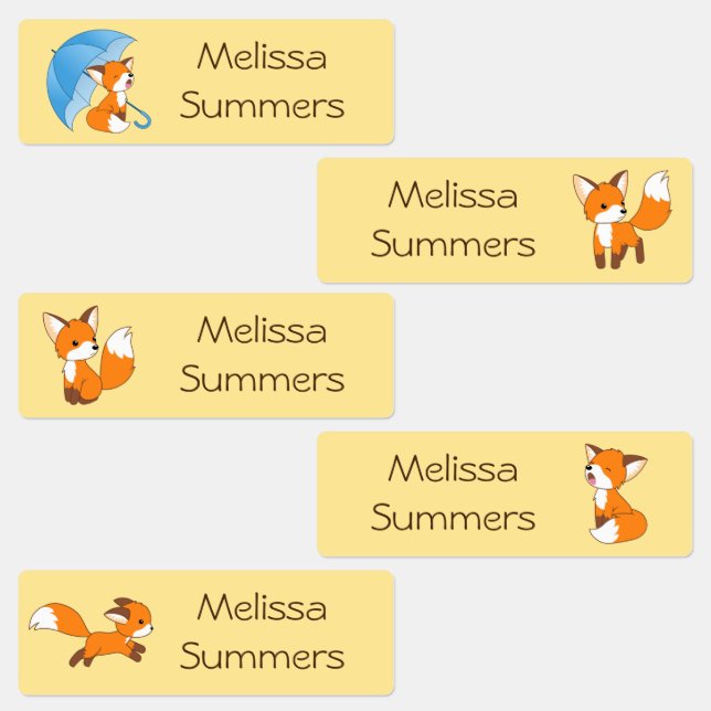 Cute Little Fox on Yellow Kids' Labels (Group)