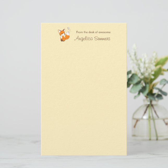 Cute Little Fox on Yellow Stationery (Standing Front)