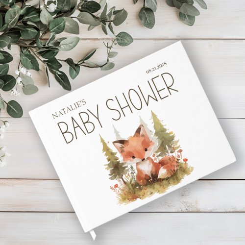 Cute Little Fox Plaid Baby Shower Foil Guest Book