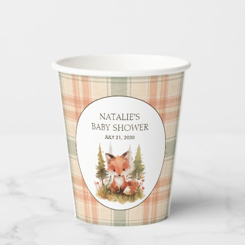 Cute Little Fox Plaid Baby Shower Party Paper Cups