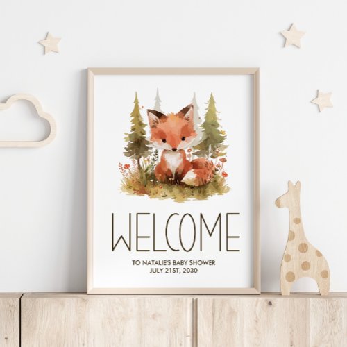 Cute Little Fox Plaid Baby Shower Welcome Sign