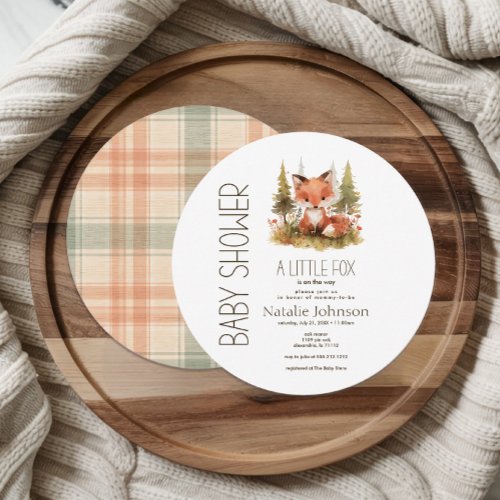 Cute Little Fox Plaid Round Baby Shower Invitation