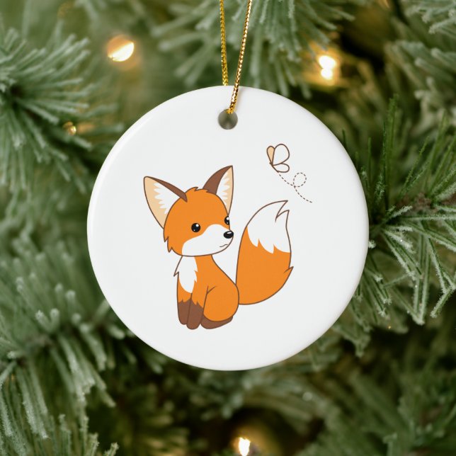 Cute Little Fox Watching Butterfly Ceramic Ornament (Tree)