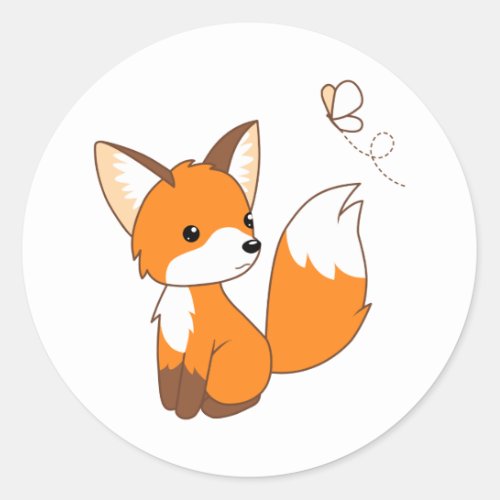 Cute Little Fox Watching Butterfly Classic Round Sticker