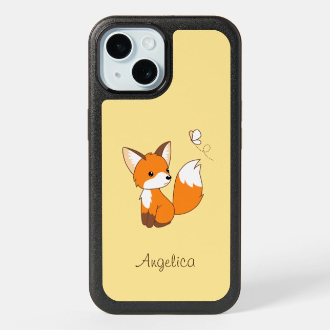 Cute Little Fox Watching Butterfly iPhone 15 Case (Back)