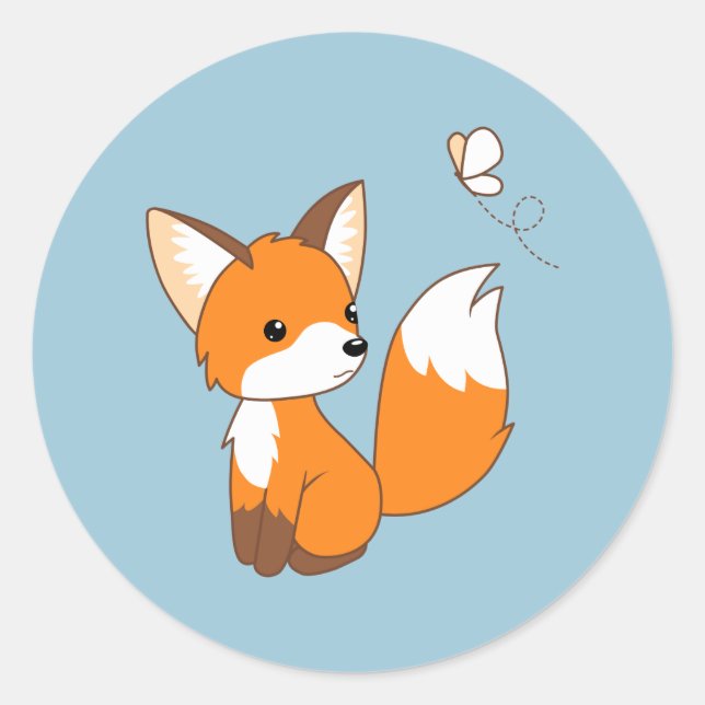 Cute Little Fox Watching Butterfly on Blue Classic Round Sticker (Front)