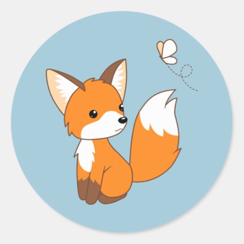 Cute Little Fox Watching Butterfly on Blue Classic Round Sticker