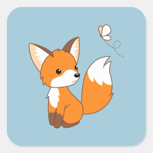 Cute Little Fox Watching Butterfly on Blue Square Sticker