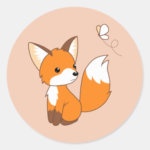 Cute Little Fox Watching Butterfly on Peach Classic Round Sticker