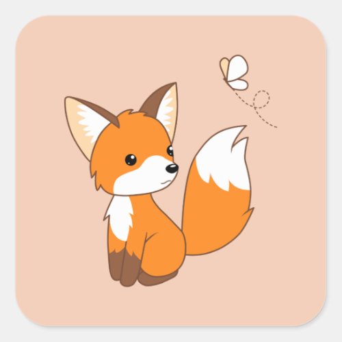 Cute Little Fox Watching Butterfly on Peach Square Sticker