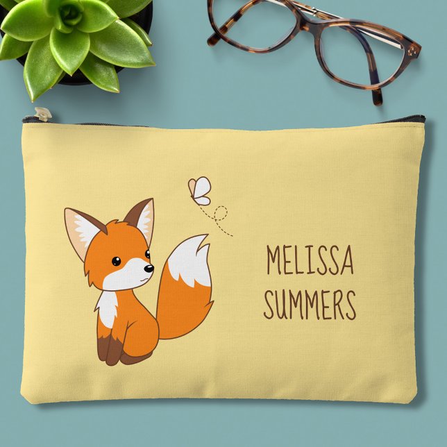 Cute Little Fox Watching Butterfly on Yellow Accessory Pouch (Creator Uploaded)