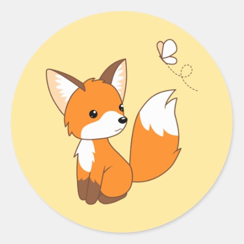 Cute Little Fox Watching Butterfly on Yellow Classic Round Sticker