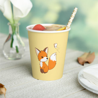 Cute Little Fox Watching Butterfly on Yellow Paper Cups