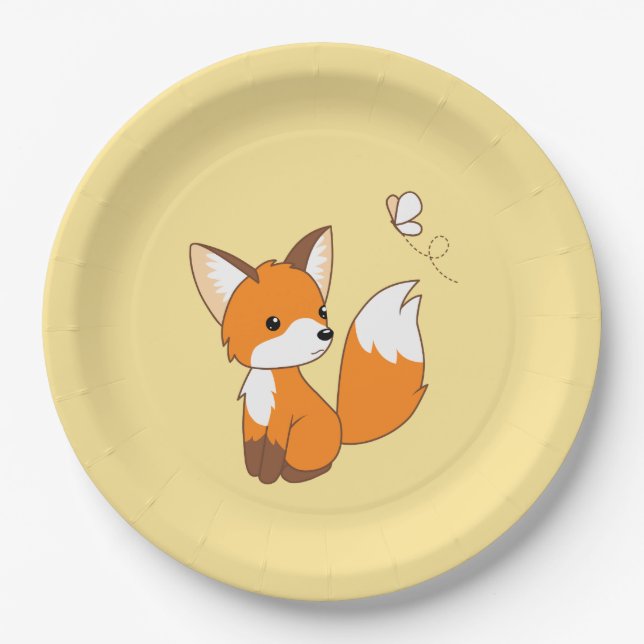 Cute Little Fox Watching Butterfly on Yellow Paper Plates (Front)