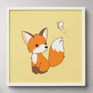 Cute Little Fox Watching Butterfly on Yellow Peel And Stick Photo Tile
