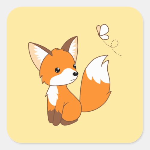Cute Little Fox Watching Butterfly on Yellow Square Sticker