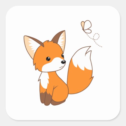 Cute Little Fox Watching Butterfly Square Sticker