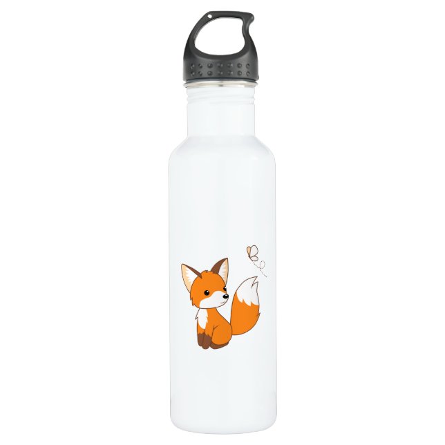 Cute Little Fox Watching Butterfly Stainless Steel Water Bottle (Front)