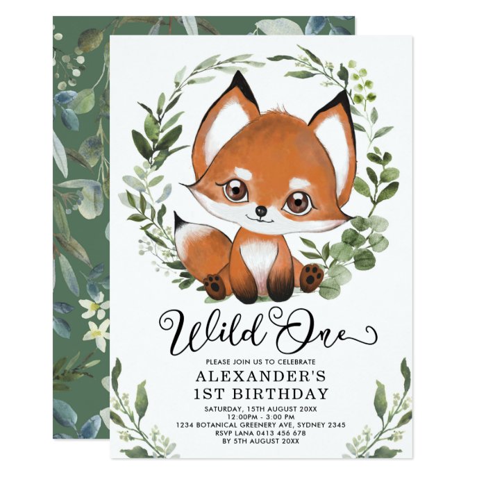 Cute Little Fox Wild One Woodland 1st Birthday Invitation