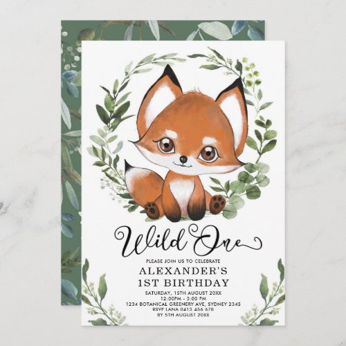 Cute Little Fox Wild One Woodland 1st Birthday Invitation