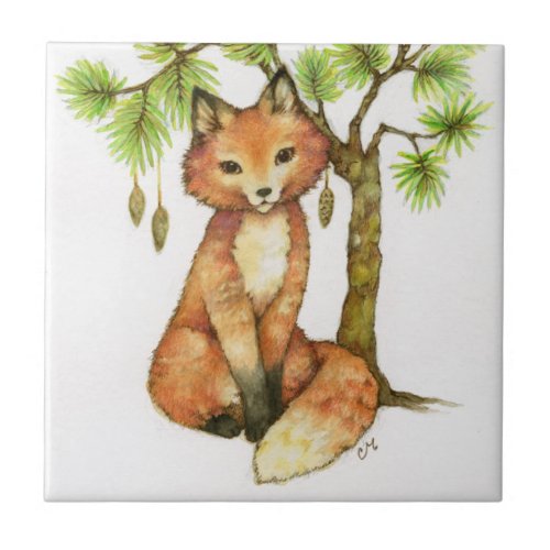 Cute Little Fox Woodland Animal Pine Tree Wildlife Tile
