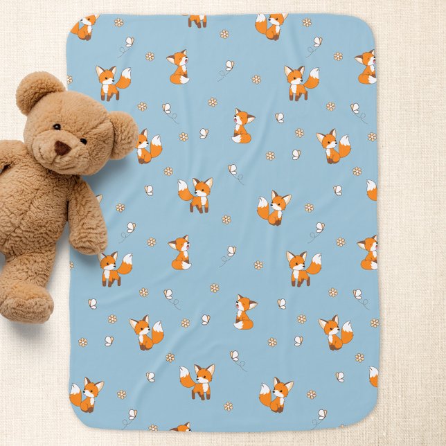 Cute Little Foxes on Blue Baby Blanket (Creator Uploaded)