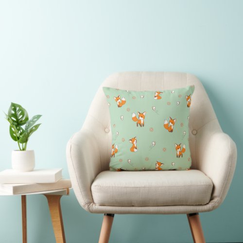 Cute Little Foxes on Green Throw Pillow