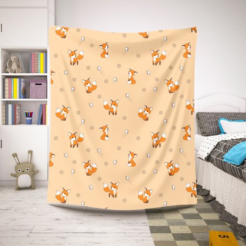 Cute Little Foxes Pattern on Cream Sherpa Blanket