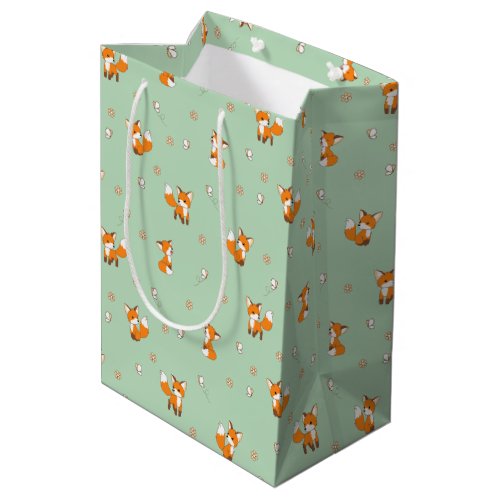 Cute Little Foxes Pattern on Green Medium Gift Bag