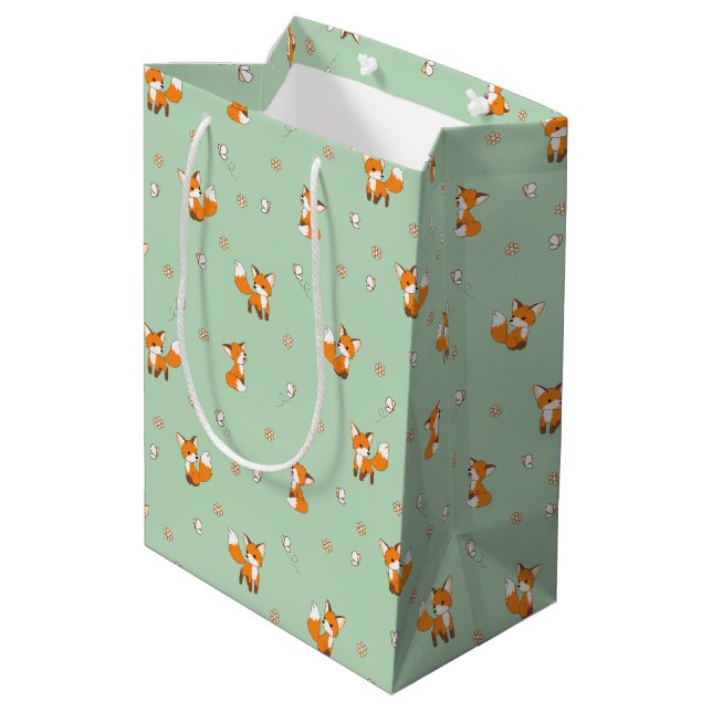 Cute Little Foxes Pattern on Green Medium Gift Bag (Back Angled)