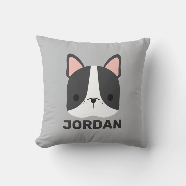 Cute Little French Bulldog with Personalized Name  Throw Pillow (Front)