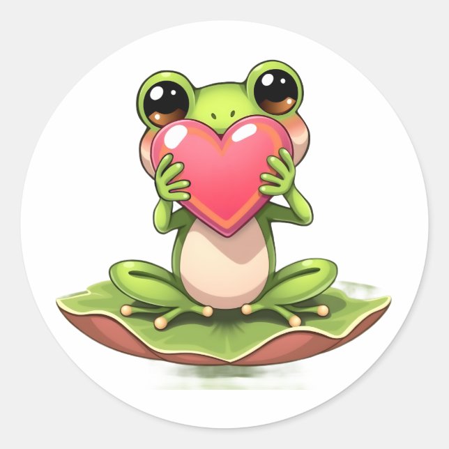 Cute Little Frog Holding a Heart Classic Round Sticker (Front)