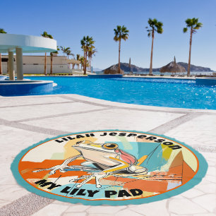 Cute Little Frog with Turquoise & Orange Lily Pad Beach Towel