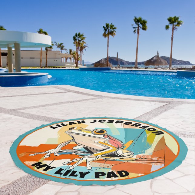 Cute Little Frog with Turquoise & Orange Lily Pad Beach Towel (Pool)