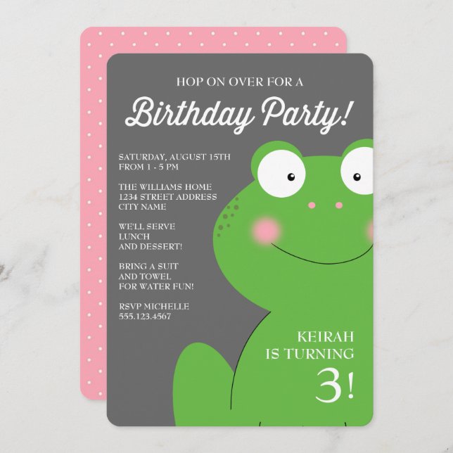 Cute Little Froggy Birthday Party Invite / Pink (Front/Back)