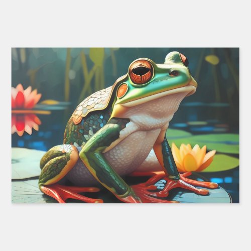 Cute little frogs sitting on a pond  wrapping paper sheets