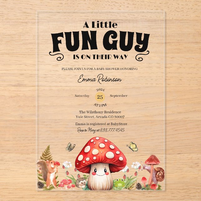 Cute Little FunGuy Fall Snail Mushroom Baby Shower Acrylic Invitations (Front)